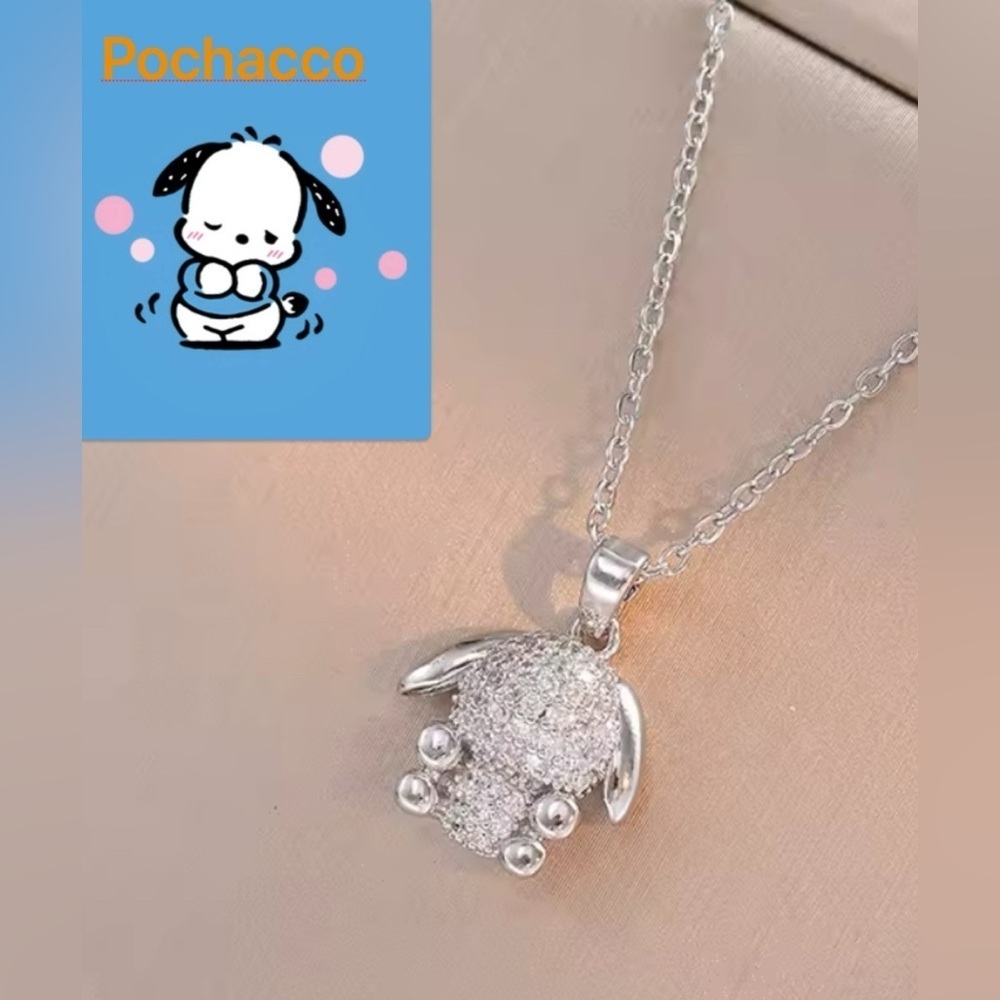 18K White Gold 3D Pochacco Pave Diamond Pendant Necklace Sanrio Hello Kitty